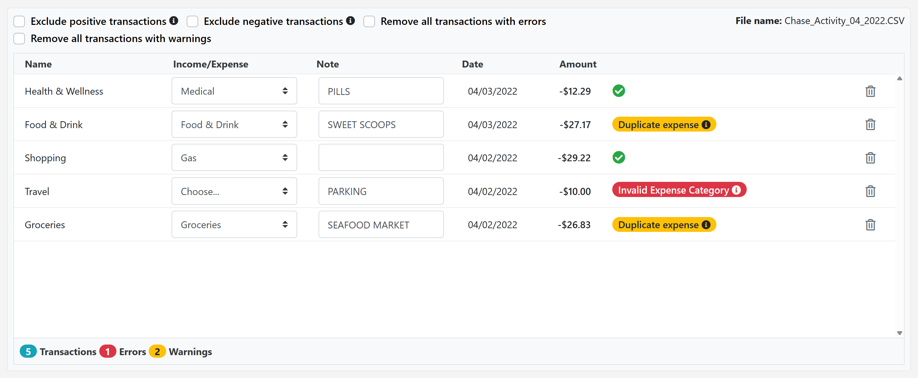 Transactions import
